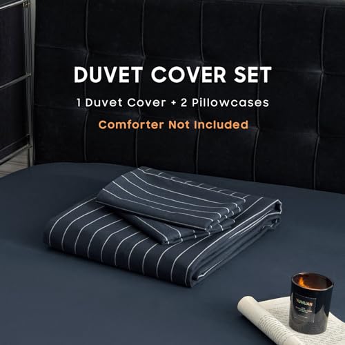 Stripe Cotton Duvet Cover Set for Queen Size, Washable Percale Textured Bedding, Farmhouse Ticking Stripe Pinstripe Patt