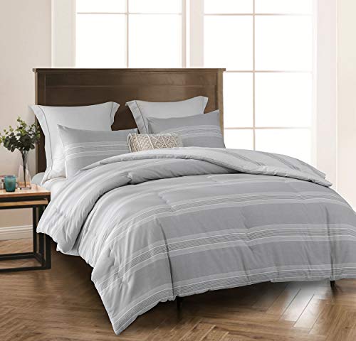SleepBella Comforter Queen Size, OEKO-TEX Certification, Cotton Light Gray & White Stripes Reversible Queen Comforter Se