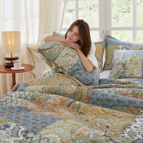 Secgo Queen Comforter Set for Adults - 100% Cotton Quilts, Green and Sage Bedspreads (90 * 98 Inch) with 2 Pillow Shams,