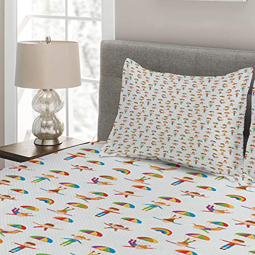 Ambesonne Queen Size 3 Piece Decorative Quilted Bedspread Set Multicolor Parachute Jumping Girl with Pigtail Hairstyle a