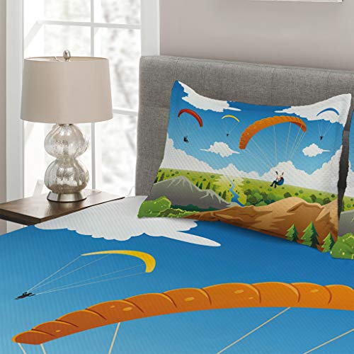 Lunarable Cartoon Coverlet King Size Multicolor | Parachute Landscape Mountain River Clouds Palm Trees Image | 3 Piece D