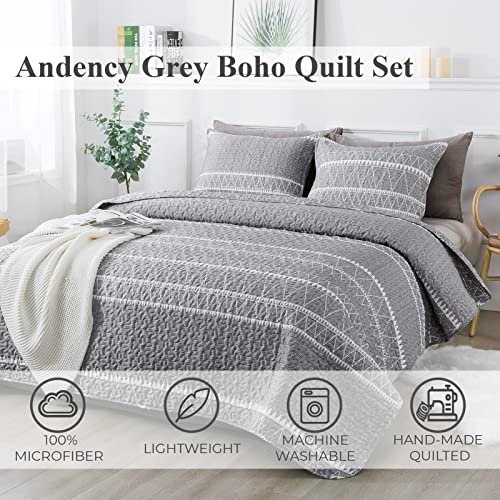 Andency Grey Queen Quilt Bedding Set, Bohemian Summer Lightweight Reversible Microfiber Bedspread Coverlet Sets (3 Piece